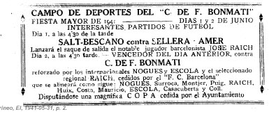 Anunci de la Festa Major de 1941, l'any en què el camp de futbol va ser reconstruït i tornà a estar operatiu